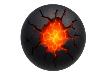 Cracked sphere showing glowing molten core on transparent background