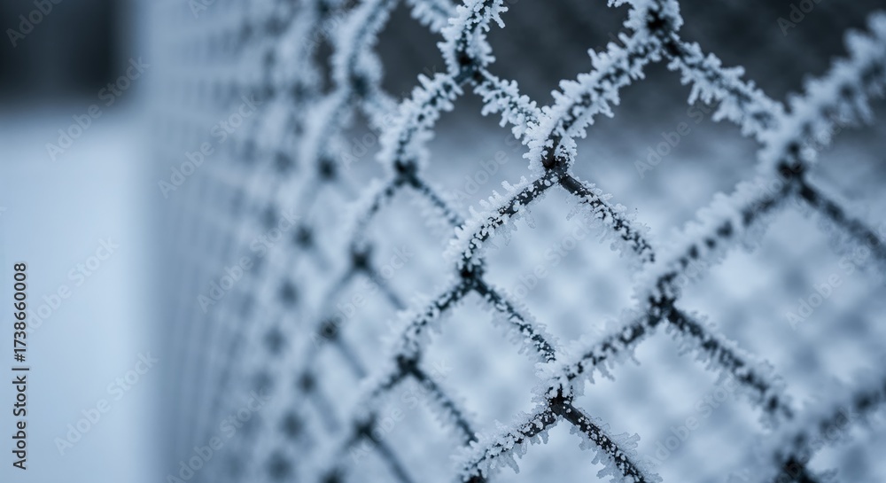 Wall mural a detailed macro view of a chain-link fence covered in sharp white frost and ice crystals, creating 