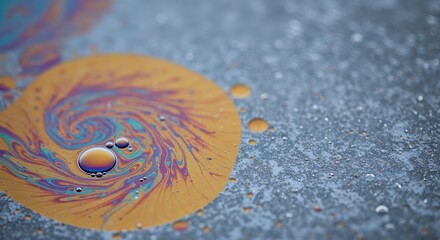 An abstract macro view reveals swirling iridescent oil films and colorful droplets floating on a textured grey surface, showcasing vibrant spectrum patterns.
