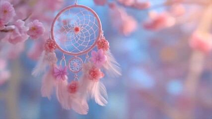 Dreamcatcher ornament hanging amidst blooming pink blossoms and soft feathers - Powered by Adobe