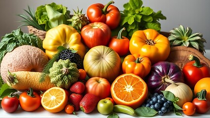 A vibrant arrangement of fresh fruits and vegetables, artfully composed under natural daylight.