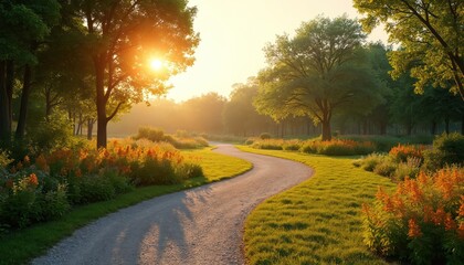 Fototapeta premium Pathway winds through green park at sunset. Sun shines through trees casting shadows. Flowers bloom along the path edges. Serene landscape offers place for exercise nature scenic walk.