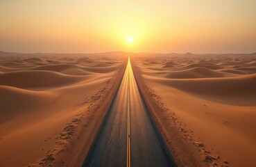 Fototapeta premium Aerial view long straight road cuts through vast sand desert. Golden sun rises sets on horizon. Empty highway stretches into distance among endless dunes. Hot dry climate, lonely journey, path,