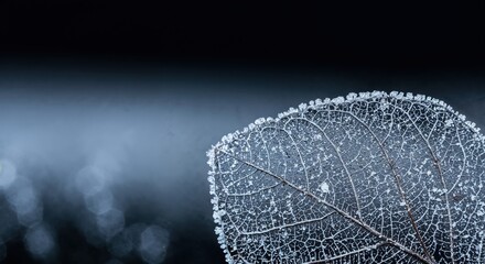 An extreme closeup reveals a delicate skeletal leaf covered in sparkling frost, showcasing its intricate veins against a dark, blurry background with subtle bokeh lights.