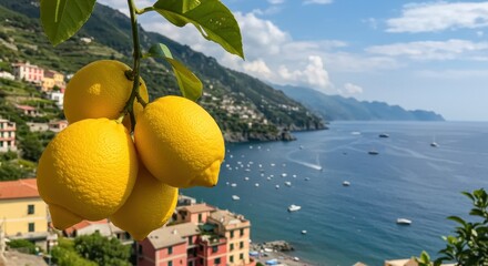 Bright yellow lemons hanging from a branch overlooking the sea