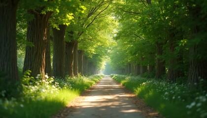 Pathway stretches through avenue with lush trees. Green foliage forms natural canopy. Scenic road for walking, cycling, relaxation. Sun shines, casting shadows on route, creates peaceful atmosphere.