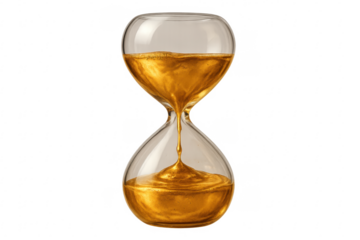 Glass hourglass with flowing golden liquid on transparent background