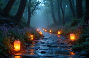 Magical forest path at night with many glowing orange lanterns along wet stone road. Dark trees, purple flowers, and mist create dreamy, mysterious atmosphere in deep woods, inviting adventure.