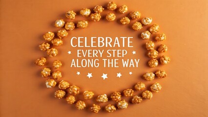 Caramel popcorn arranged in a circle with celebratory text