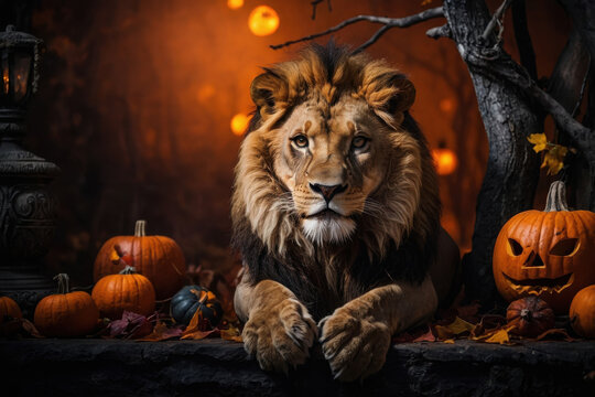 Majestic lion predator animal on dark scary Halloween background AI Generative