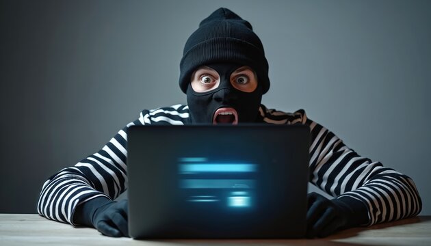 Surprised hacker in black mask tries to crack password on laptop. Man in striped shirt looks at computer screen. Cybercrime fraud concept data breach.
