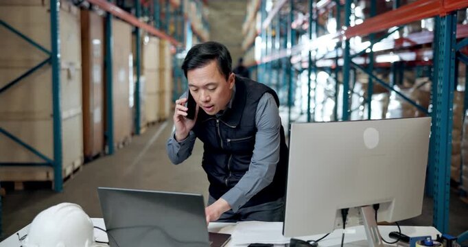 Warehouse, phone call and stressed manager with laptop for logistics, export delay or delivery mistake. Stock document, transport cargo or man with tech for distribution, order error or track storage