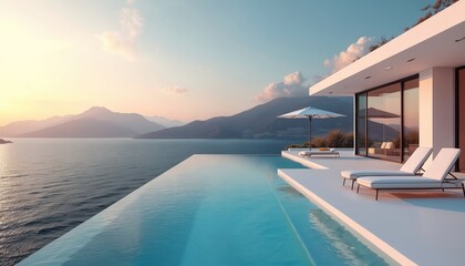 Fototapeta premium Modern luxury house with infinity pool overlooks calm blue sea. Majestic mountain landscape in distance at serene sunset. Sun loungers, umbrella on spacious patio for relaxation. Exclusive resort