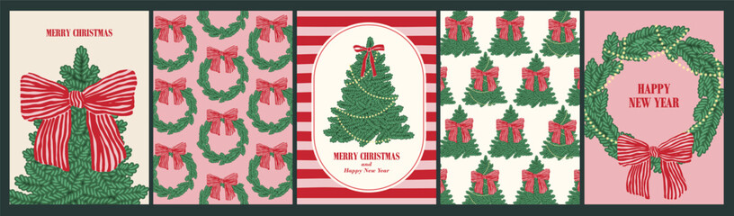 Christmas, New Year retro holiday card. Season's greetings. Christmas tree,, garland, bows. Vintage design.  © olechkaart