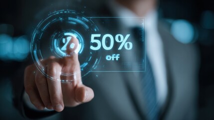 Businessman touching digital 50% off icon. Futuristic sale concept with glowing blue interface.