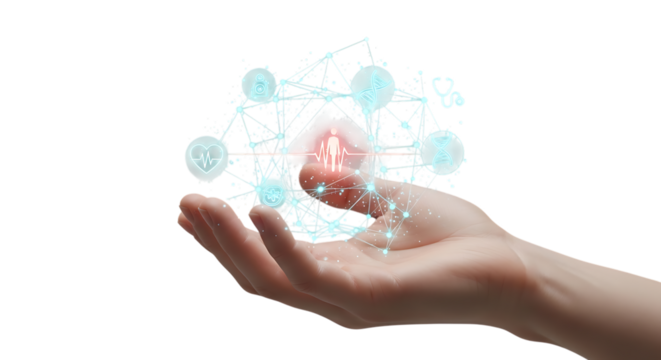 Human Hand Holding Digital Health Network Hologram