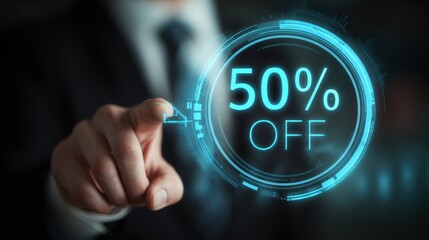 Businessman touching digital 50% off icon. Futuristic sale concept with glowing blue interface.