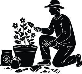 Gardener Silhouette: Person with Gardening Tools and Potted Plant - No Face Visible

