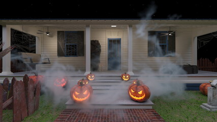 ハロウィンの飾りつけをした家　3DCGレンダリング