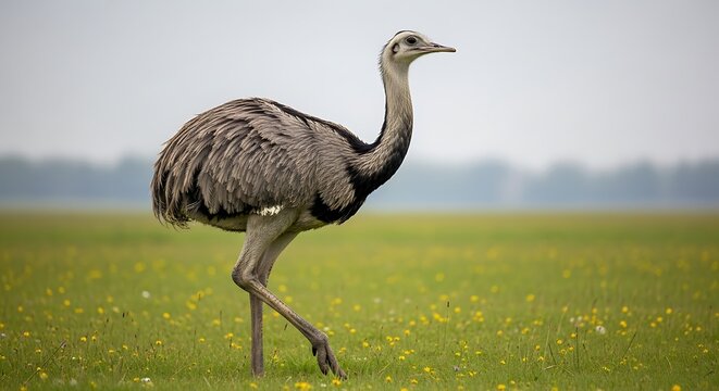 Grey Rhea Bird in Grassy Field.