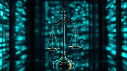 Teal Law Scale based on a data center background. The concept of digital law on the duality of Judiciary, Jurisprudence, and Justice, as well as data in the modern world. 4k video - Powered by Adobe