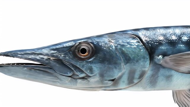 Realistic Barracuda Fish Model Isolated on White with a Dynamic Camera Zoom-In on Head