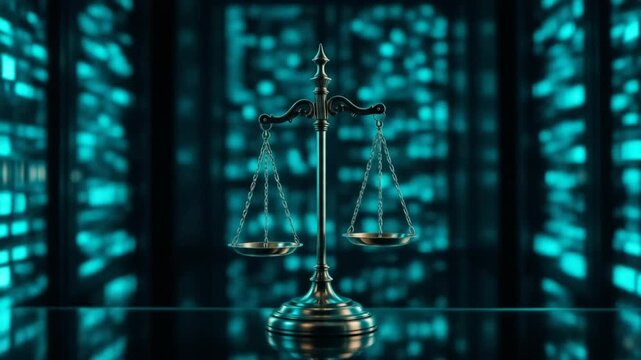 Teal Law Scale based on a data center background. The concept of digital law on the duality of Judiciary, Jurisprudence, and Justice, as well as data in the modern world. 4k video