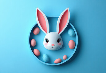 Obraz premium Minimal Bunny Ears Frame on Blue Background. White blank circle modern minimalist frame with Easter bunny ears in white and pink over bright blue textured background 3D rendering