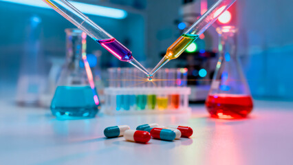 Laboratório de analise clinicas e produção de medicamentos, farmácia de manipulação. Cientista trabalhando em pesquisa