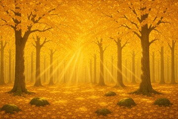 Fototapeta premium Golden oak forest canopy with sunbeams and mossy forest floor