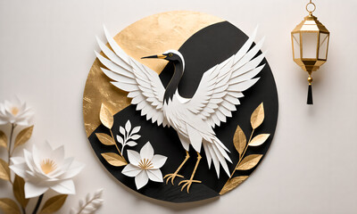 Elegant Paper Crane Artwork with Golden Accents and Lantern Decoration