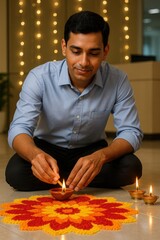 Man lighting diya at office rangoli for Diwali festival celebration