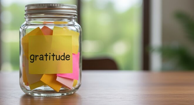 Close Up of Gratitude Jar Filled With Colorful Notes