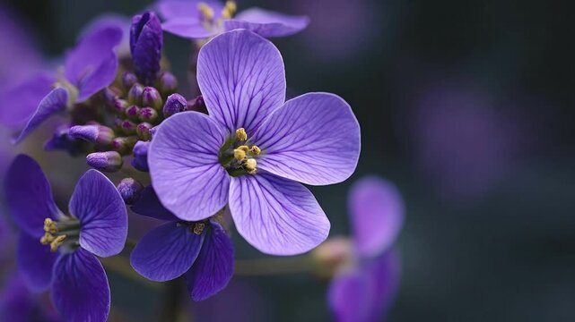 A captivating macro shot reveals the exquisite detail of several radiant purple flowers, their delicate petals showcasing intricate vein patterns and a rich, deep violet hue. Golden yellow stamens gra