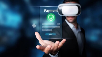 A man in a virtual reality headset engages with a digital payment interface, showcasing security features in a modern and immersive banking environment. Raster - Powered by Adobe