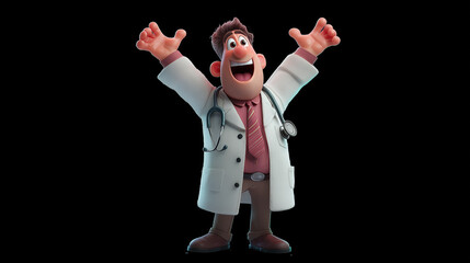 Cheerful animated doctor character celebrating success in a bright hospital setting during daytime Generative AI
