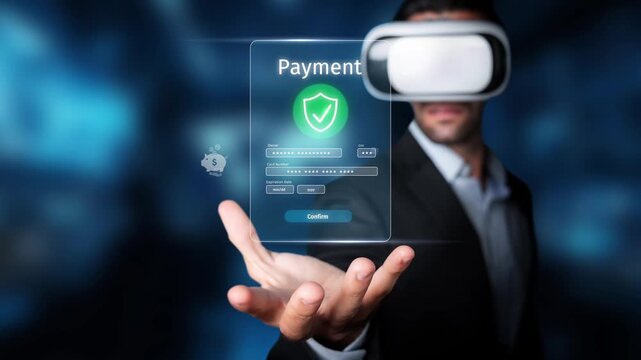 A man in a virtual reality headset engages with a digital payment interface, showcasing security features in a modern and immersive banking environment. Raster - Powered by Adobe