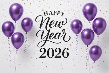 Celebration with purple balloons and joyful wishes for the New Year 2026