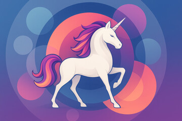 Colorful unicorn standing proudly against a vibrant circular background