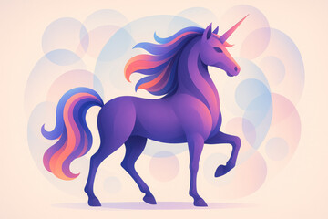 Vibrant purple unicorn with colorful mane prancing gracefully in a whimsical setting