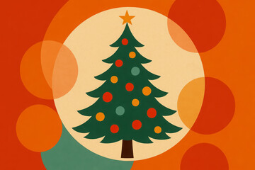 Colorful Christmas tree design with ornaments against a vibrant background