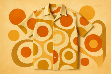 Vintage style short sleeve shirt in warm colors with circular patterns on a beige background