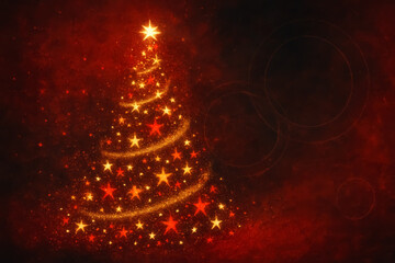 Festive Christmas tree glowing with vibrant lights and stars in a warm red backdrop creating a joyful holiday atmosphere