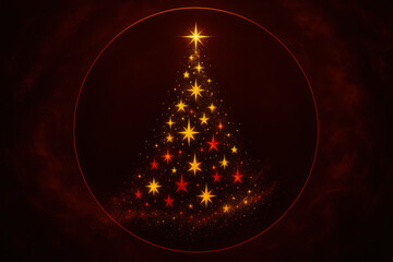 Brightly lit Christmas tree with golden stars against a dark background creating a festive atmosphere