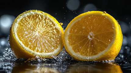Lemon Slices Splashing in Water on Black Background. Juicy lemon slices captured mid-splash in clear water over black background, showcasing freshness, citrus energy, and dynamic movement.