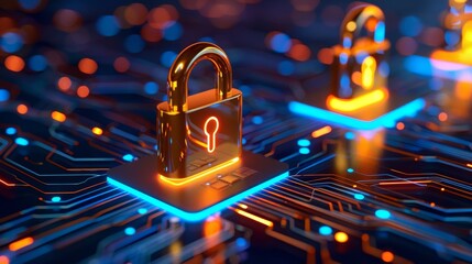 Cybersecurity concept with digital padlocks on a glowing circuit board ensuring data protection