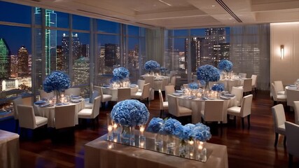 Elegant banquet hall with city skyline view at dusk - Powered by Adobe