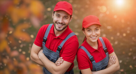 Fototapeta premium Portrait of a smiling man and woman in matching work uniforms. Professional service team with arms crossed outdoors. Delivery, moving, or maintenance company staff concept