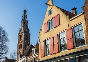 Obraz premium A classic Dutch gable house with striking red and blue shutters stands beside the historic Onze Lieve Vrouwetoren in Amersfoort, under a clear blue sky.