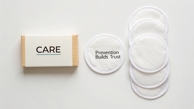 Cotton pads labeled Care and text Prevention Builds Trust